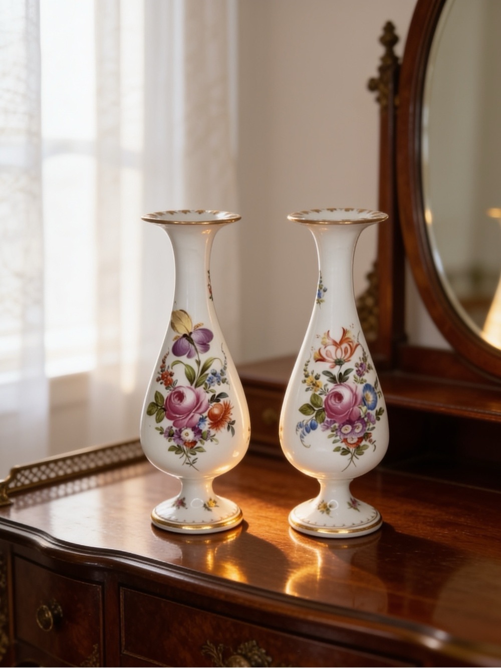 Germany antique Hand Painted Dresden trumpet style. vase pair or candle holders